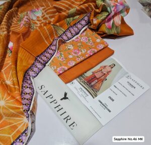 Sapphire Summer Collection | Digital Print Fine Lawn Shirt | Doria Voile Lawn Dupatta | Dyed Trouser | 3 Piece Unstitched – Original Branded(Orange color)