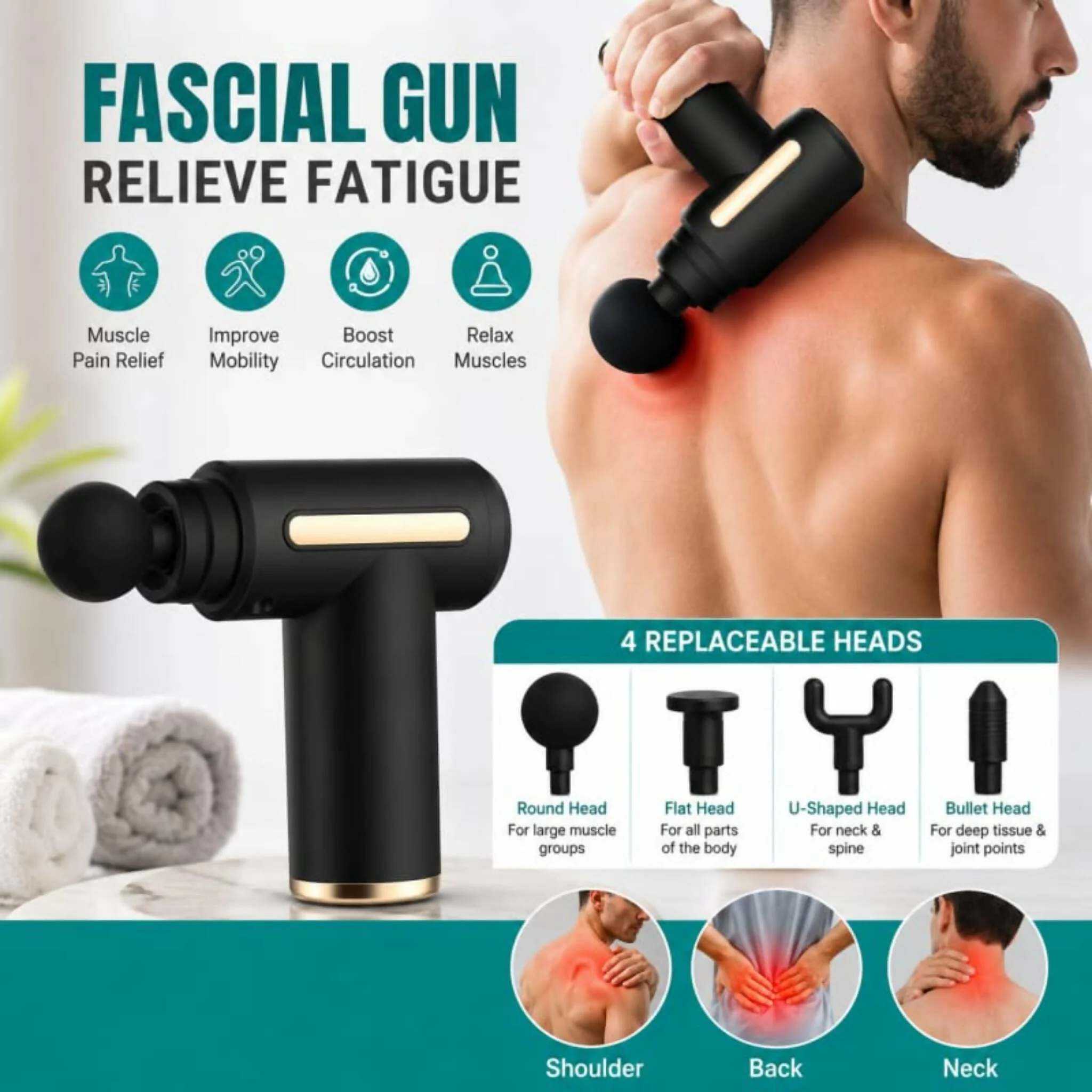 Professional Handheld Deep Tissue Massage Gun with 4 Heads - Image 3